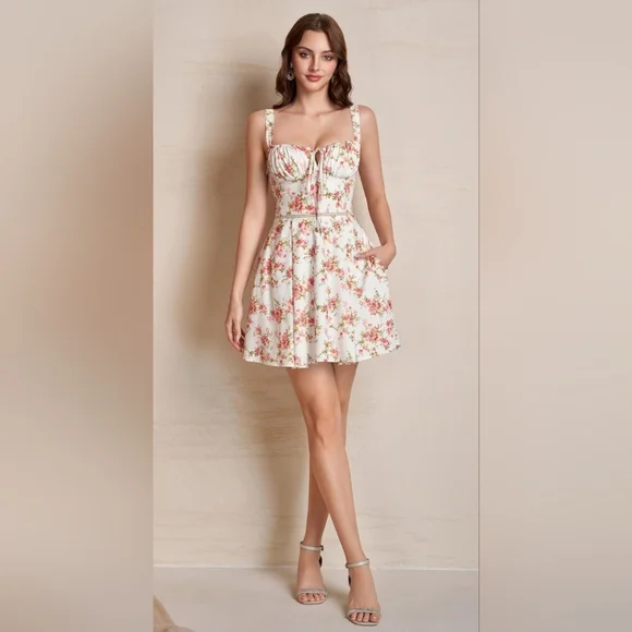Chic Floral Mini Dress in Pink and Cream - Picture 6 of 6